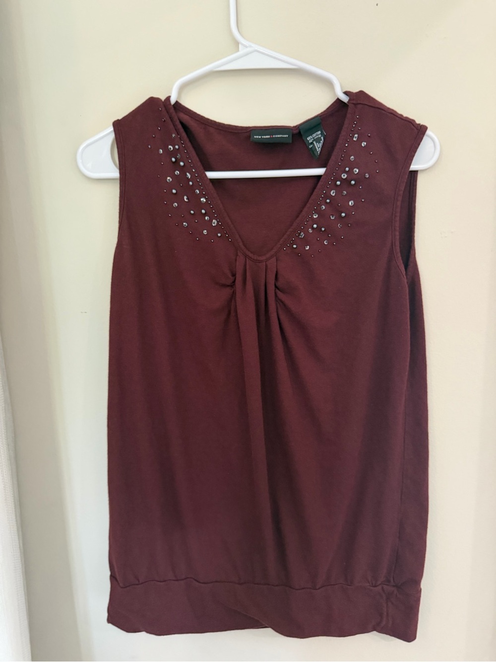 New York & Company Burgundy Sleeveless V-Neck Tank with Rhinestone Detail